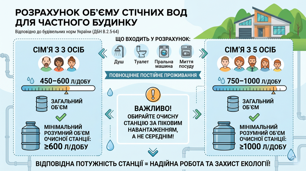 Расчёт объёма сточных вод для семьи 3 и 5 человек по нормам ДБН В.2.5-64