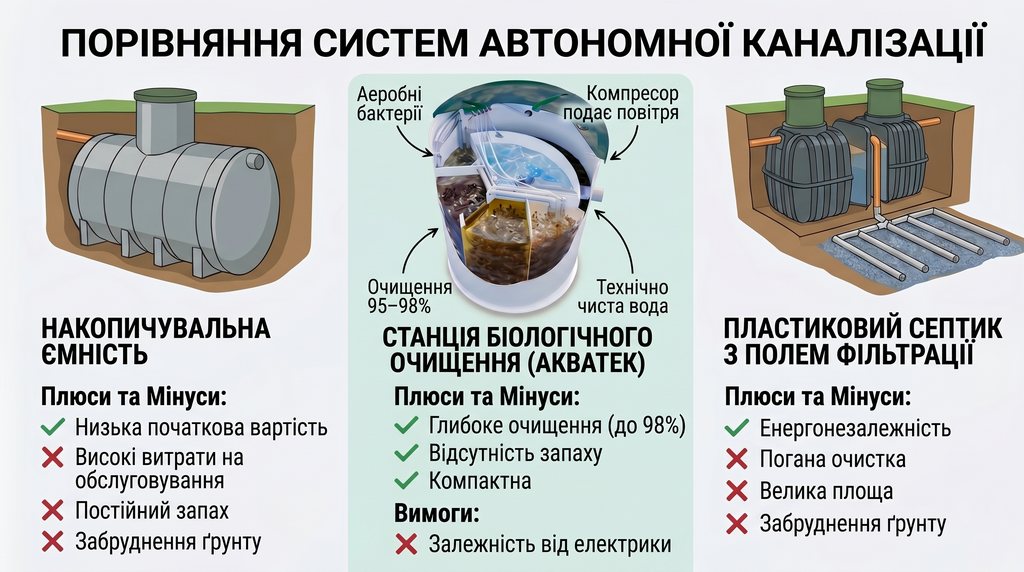 Порівняння накопичувальної ємності, біостанції AQUATEC та пластикового септика з полем фільтрації