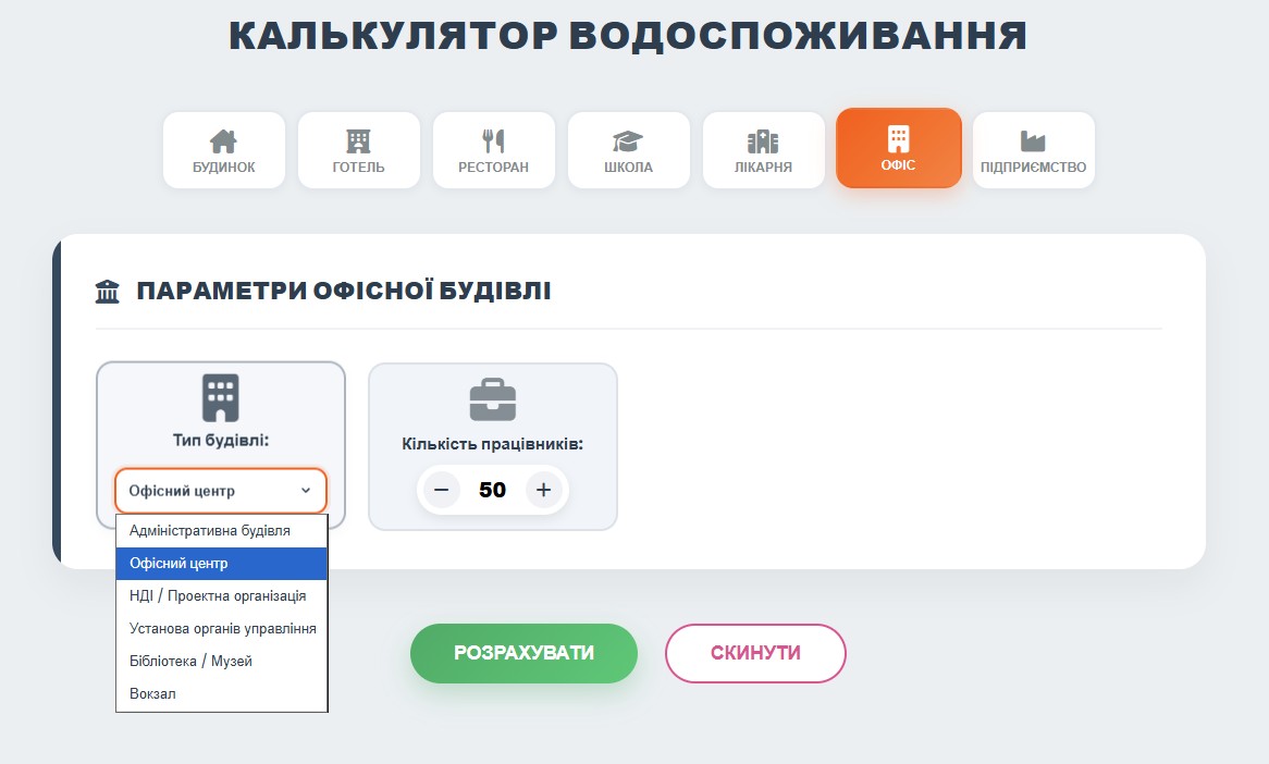 Расчет водопотребления для офиса в г. Кропивницкий — онлайн-калькулятор по ДБН